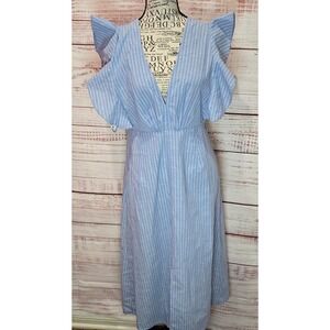 Boohoo Women Size 6 Blue White Striped Flutter Sleeve V-Neck Maxi Dress